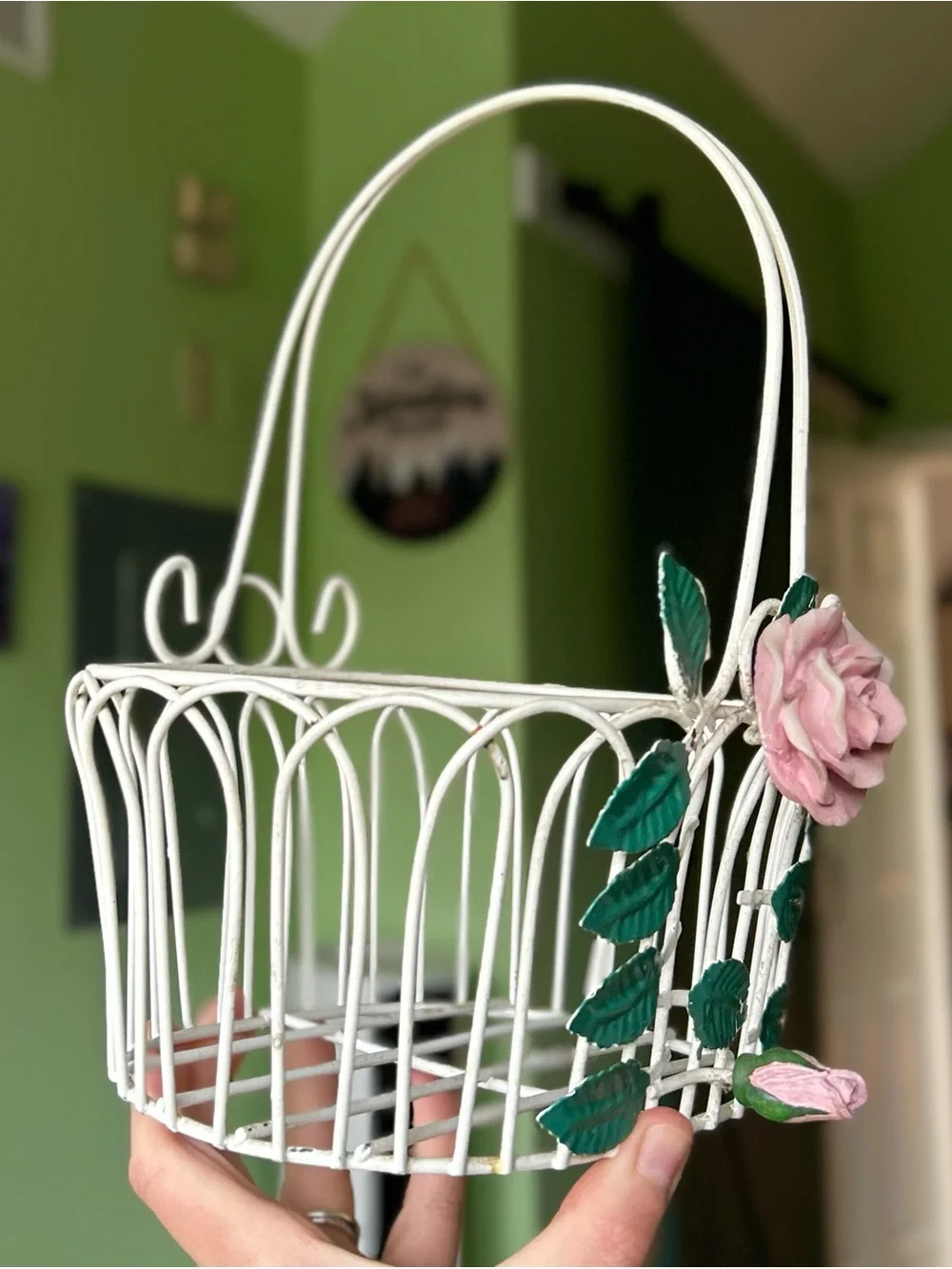 Vintage White Metal Basket With Pink and Green Floral Front
